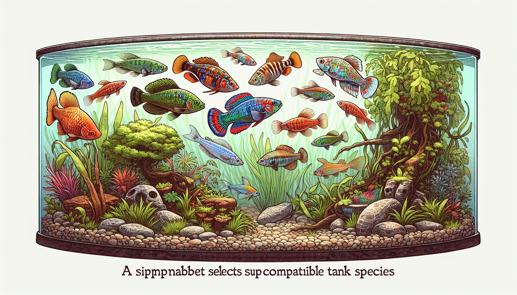 Illustration of guppies coexisting with peaceful fish species in a community tank