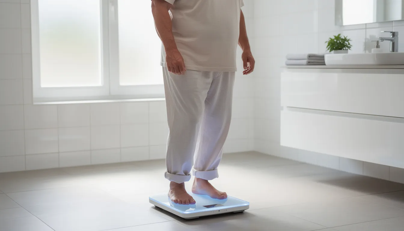 The image shows a middle-aged person stepping on a scale with a pleased expression in a bright bathroom, symbolizing a successful moment in their weight loss journey. The scene reflects themes of weight management and the positive impact of a healthy diet and regular exercise on body composition.