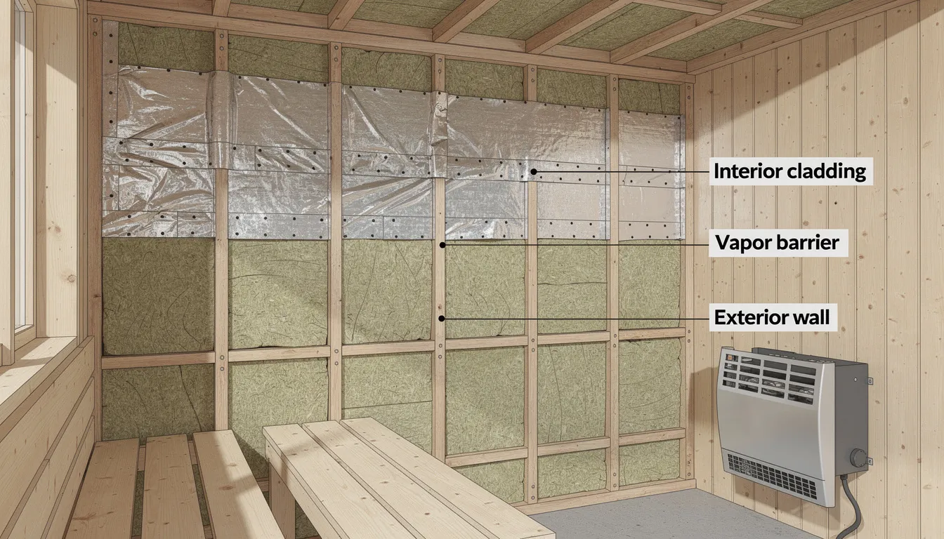 The image depicts the construction of a sauna, showcasing the installation of proper insulation and a vapor barrier, essential for maintaining heat and ensuring proper ventilation. This setup is crucial for creating a comfortable sauna experience, whether it's for an outdoor sauna or an indoor sauna in a home spa.