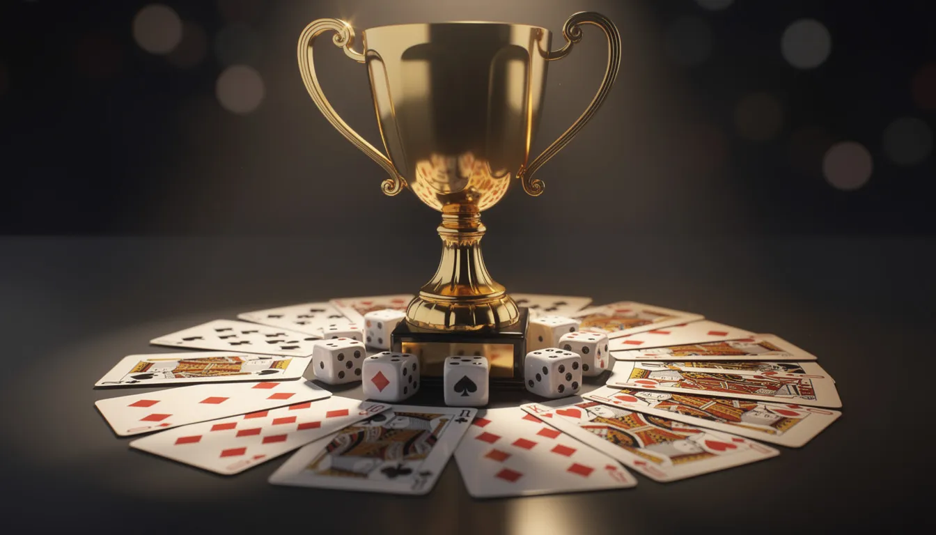 En guldtrofé står i centrum, omgiven av färgglada spelkort och tärningar, vilket skapar en festlig atmosfär som för tankarna till spänning och chansspel. Denna bild fångar essensen av att spela ansvarsfullt och njuta av slots med hög rtp i ett casino.