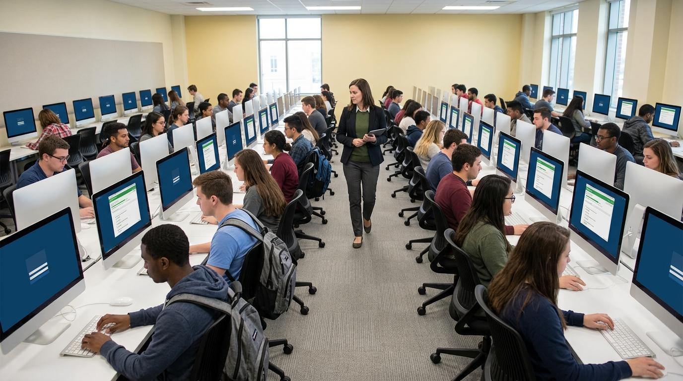 Modern university computer lab with students using identical cloud-based virtual desktops while an instructor monitors secure online assessments.