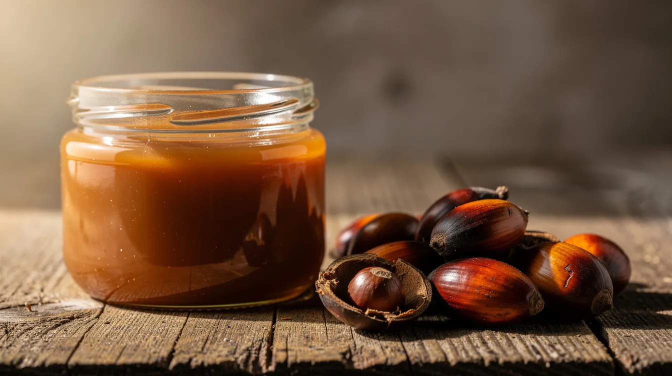 The image features a jar of thick, brown batana oil sitting next to fresh palm nuts on a wooden surface, highlighting its natural origins. This oil is known for promoting hair growth and improving scalp health, making it a valuable addition to any hair care routine.