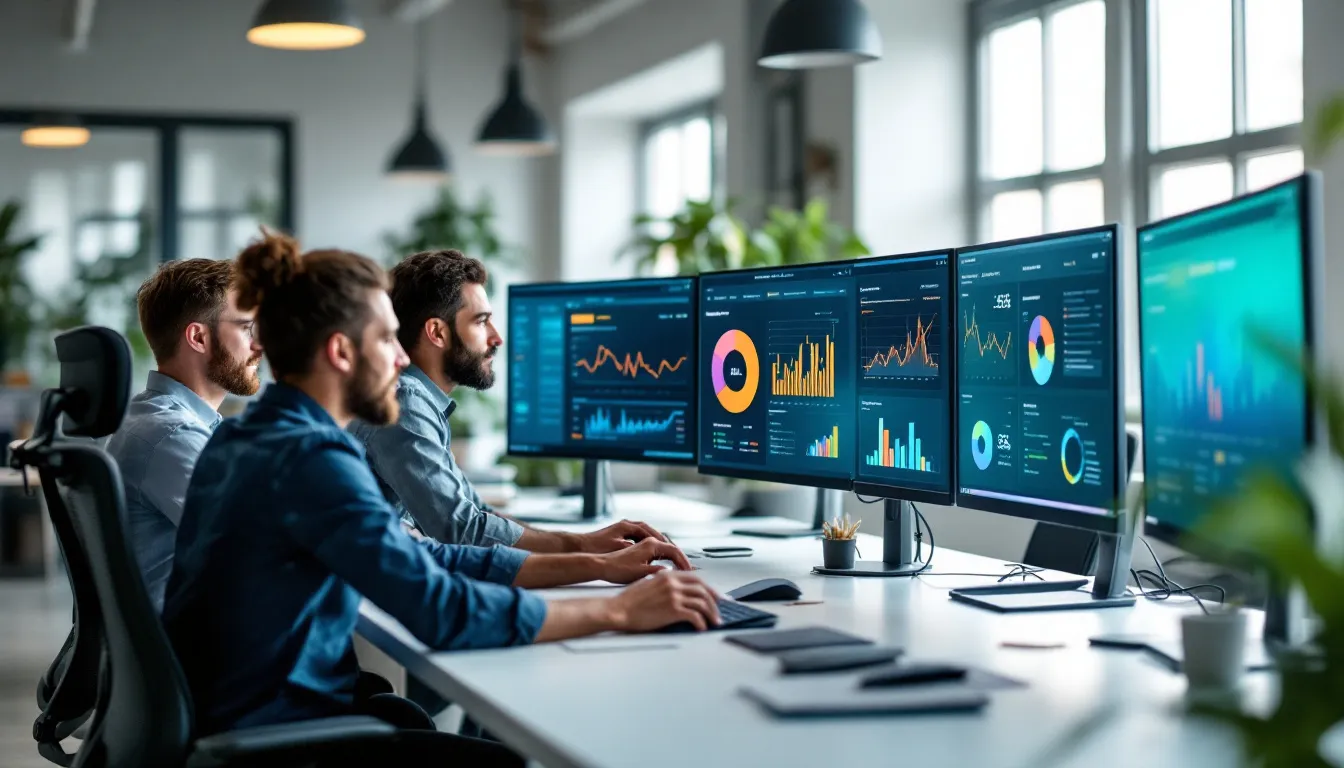 In the image, data professionals are engaged in analyzing platform comparison charts displayed on multiple monitors, focusing on the differences between data virtualization platforms like Denodo and Hadoop systems. The scene highlights their use of big data analytics tools and SQL queries to process large datasets efficiently.