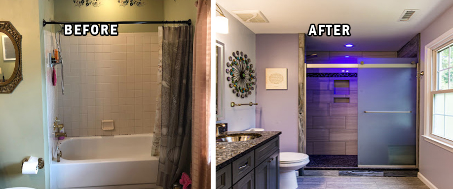 Before and after bathroom project with dark theme