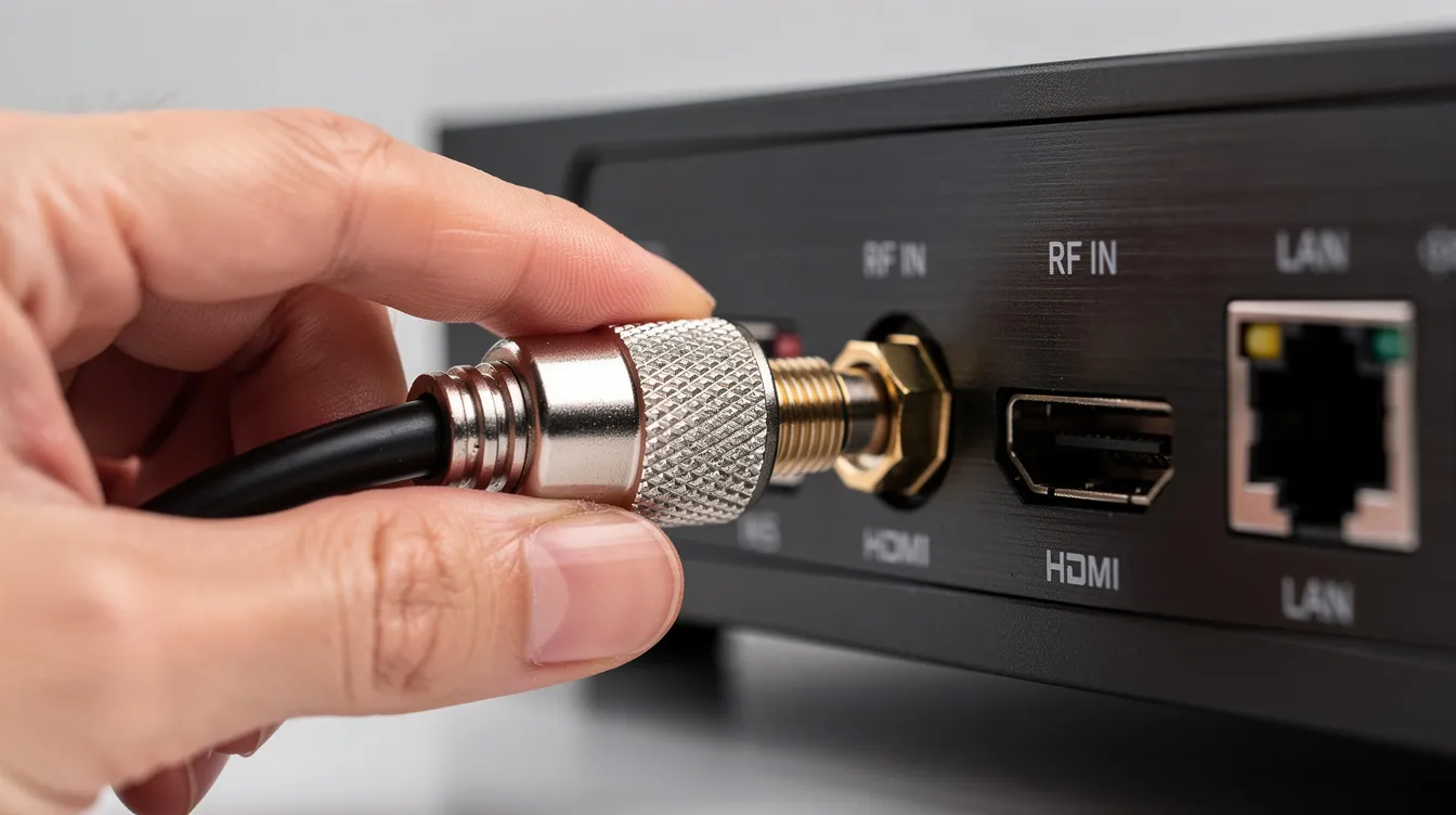 A close-up photograph shows a coaxial cable connector being attached to the back panel of a DSTV decoder, which is crucial for receiving the DSTV signal from the satellite dish. This installation step is essential for ensuring proper reception and avoiding common issues like the e48 32 error related to signal loss.