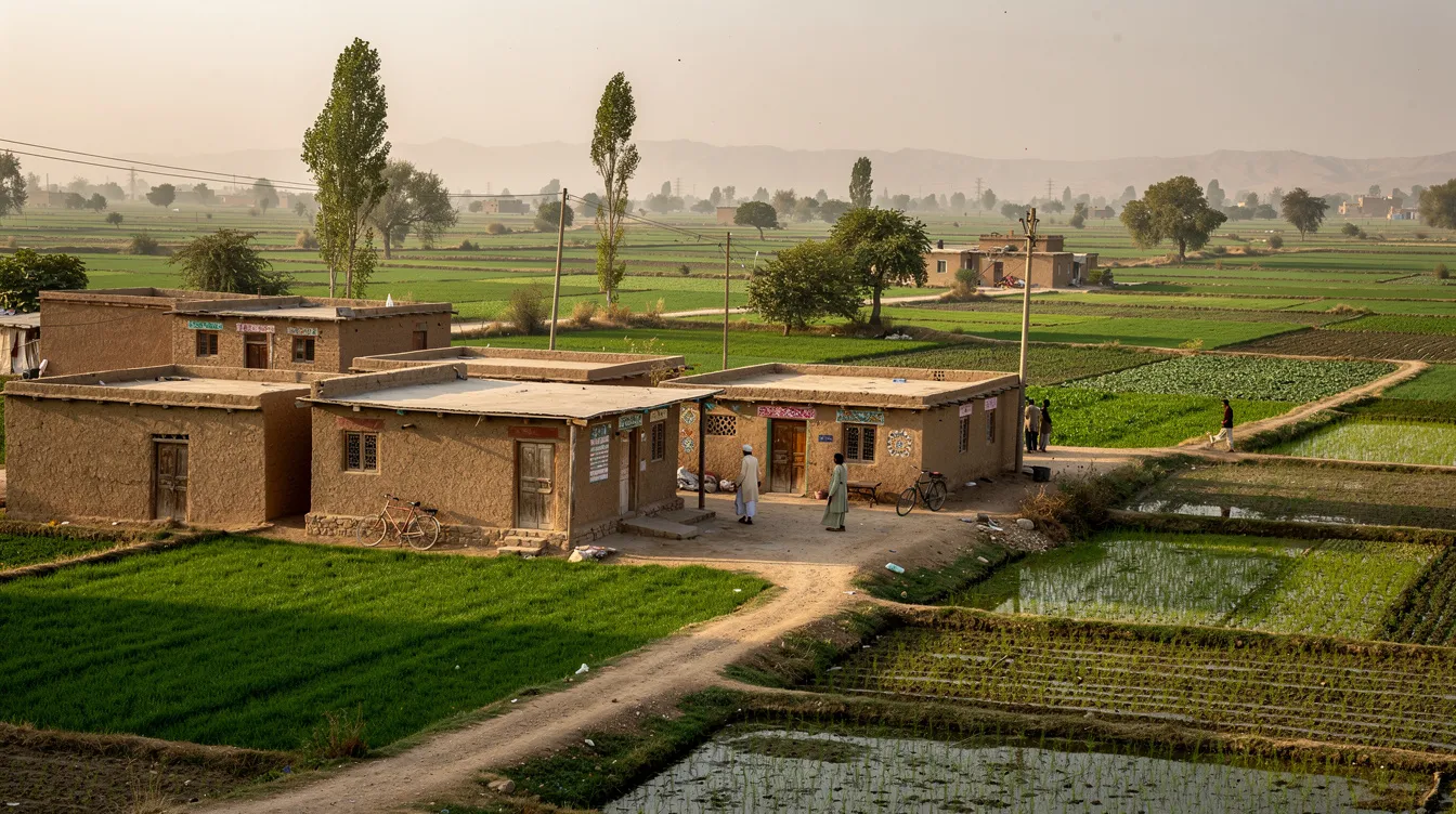 The image depicts a rural Pakistani village featuring modest clay and brick houses nestled among expansive farmland. This scene reflects the essence of community life in Pakistan, where programs like the Benazir Income Support Programme aim to enhance social protection and support for families, particularly women and children.