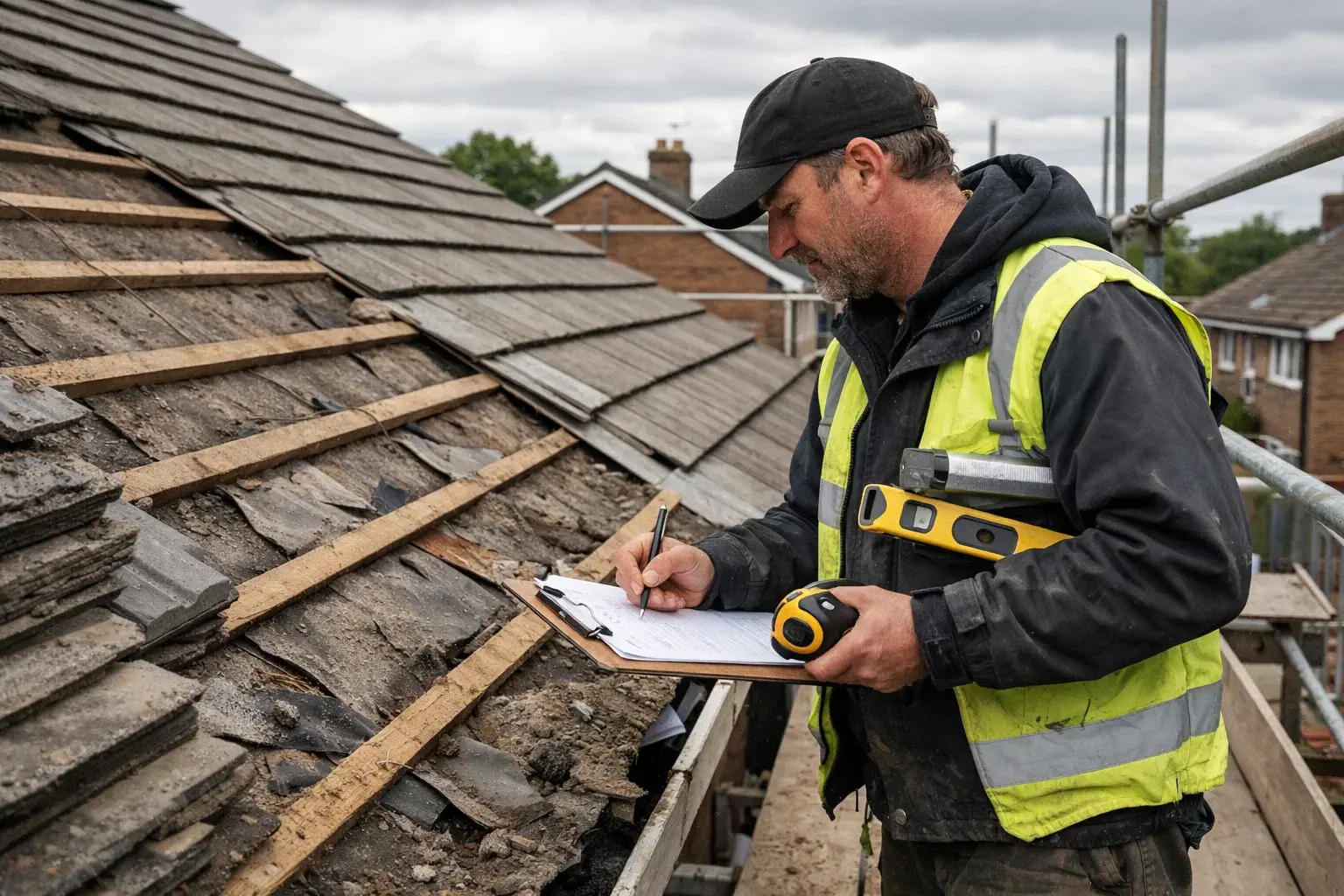 roofer inspecting roof structure for building regulations compliance