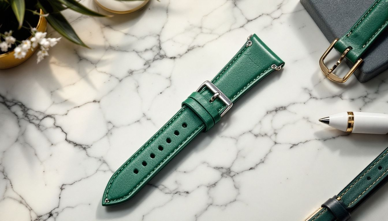 A vintage green leather watch strap displayed elegantly.