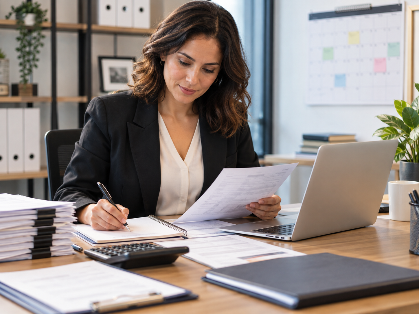 Accounts payable professional reviewing recurring payment documents and financial records in an office.