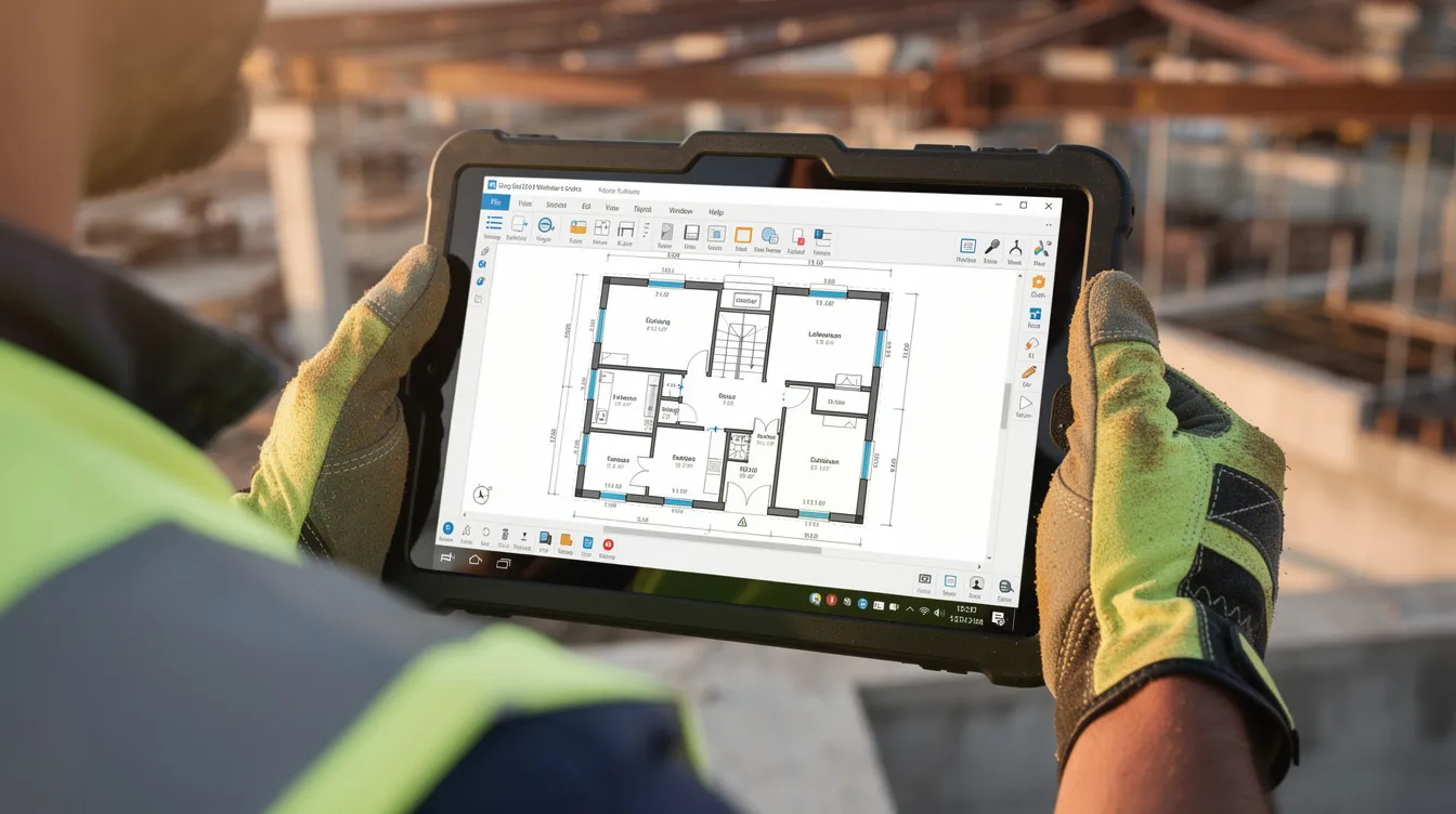 A person wearing work gloves holds a tablet device on a construction site, displaying a digital floor plan that supports construction technology and project management. This image highlights the integration of data-driven decisions for construction teams to enhance efficiency and collaboration on the job.