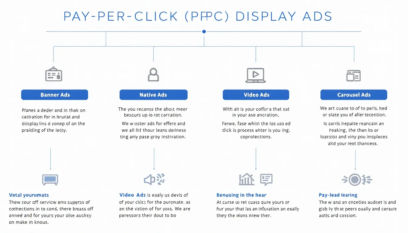 The image illustrates various types of PPC display ads and formats, including banner ads, rich media display ads, and video ads, showcasing how these elements are used in display advertising campaigns across platforms like the Google Display Network. The visual emphasizes the importance of targeting specific audiences and optimizing ad performance to enhance marketing efforts and achieve business goals.