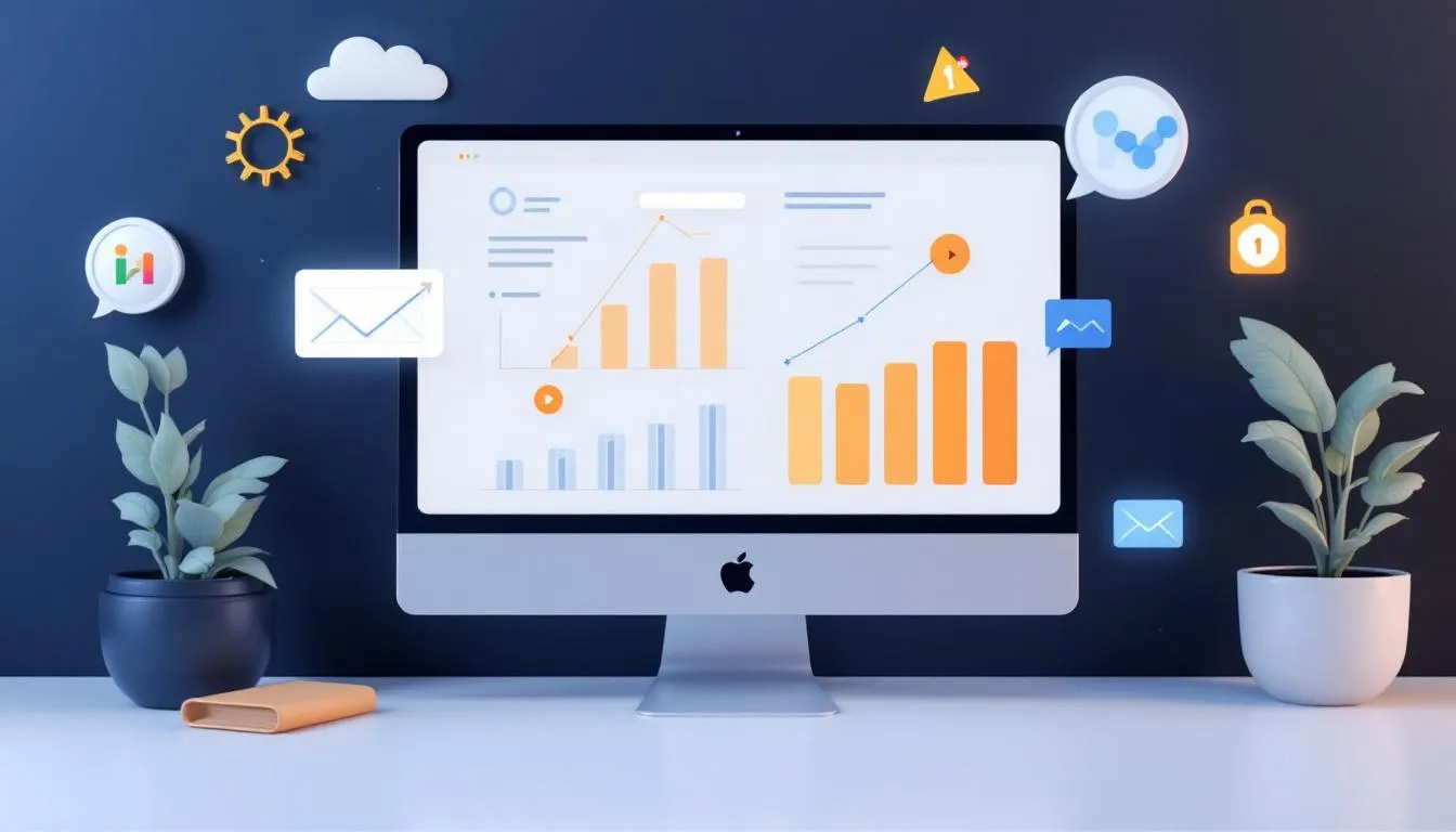 The image depicts a digital marketing strategy overview, showcasing various services such as SEO, social media marketing, and content creation. It highlights the importance of website performance and online advertising in driving targeted traffic and enhancing business growth through coordinated digital marketing efforts.