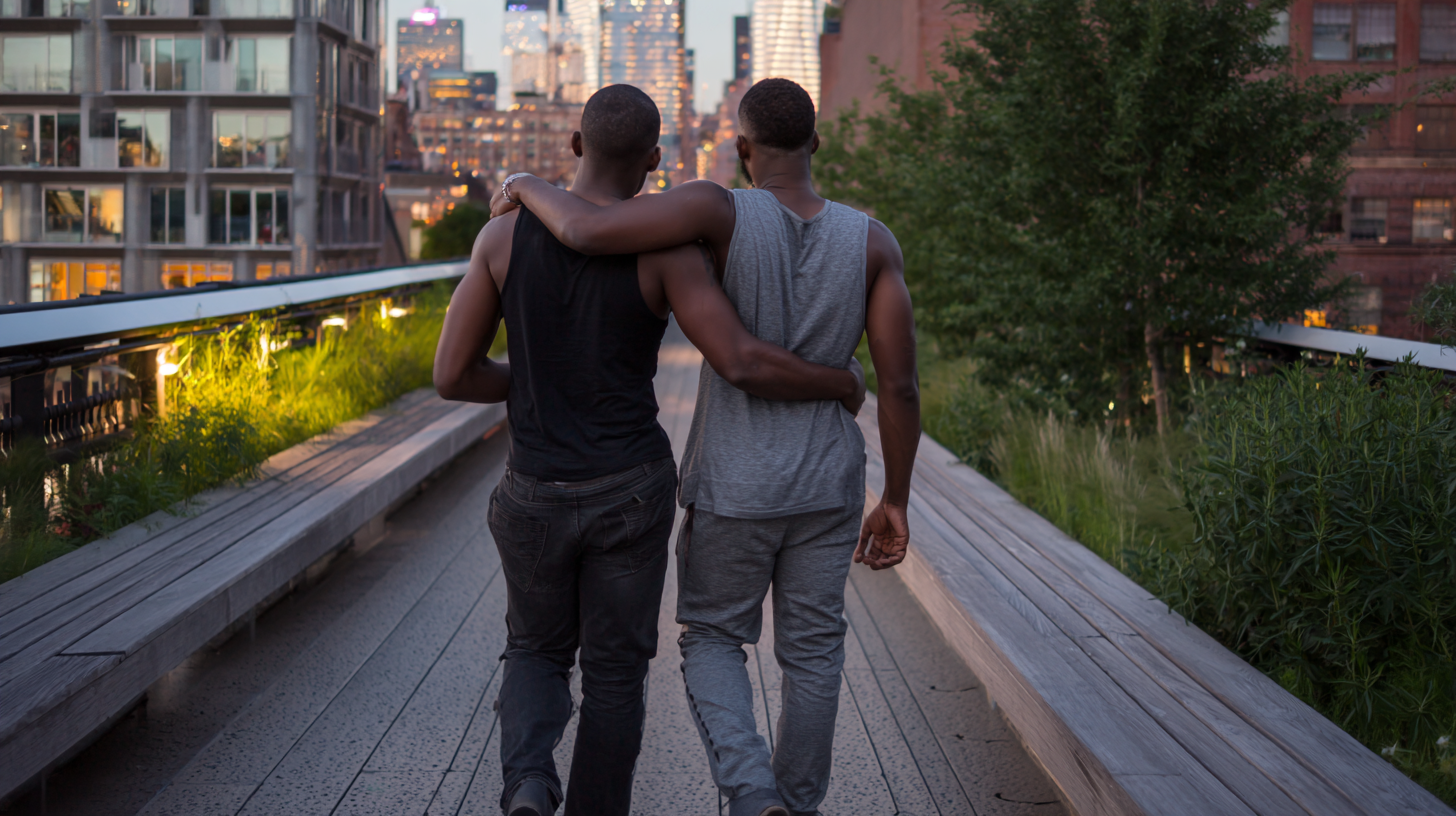 Gay male couple walking quietly together on the High Line in Manhattan at dusk
