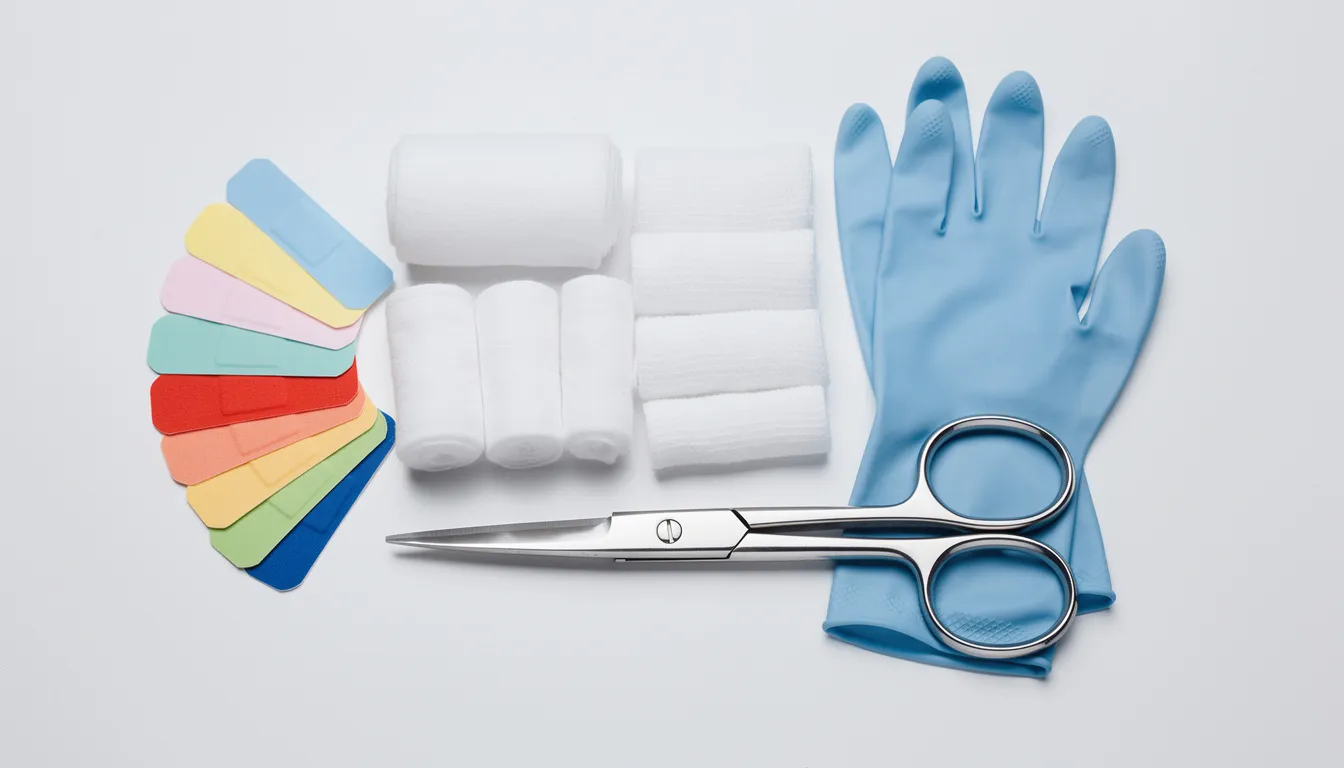 An assortment of first aid supplies is displayed, including colorful bandages, gauze rolls, nitrile gloves, and metal scissors, all essential items for a complete first aid kit. This compact collection is perfect for emergencies, whether at home, during camping, or on outdoor adventures.