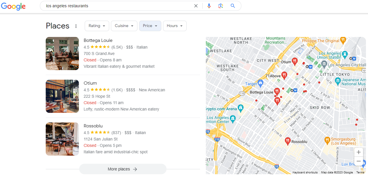 Map Pack results of "Los Angeles Restaurants"