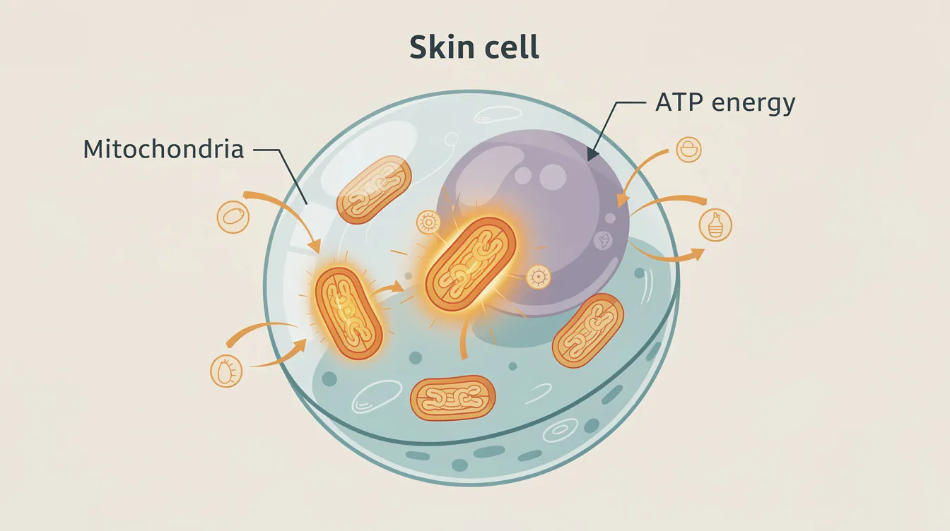 The image depicts a simplified visualization of cellular energy production, highlighting mitochondria within a skin cell, which play a crucial role in maintaining skin health and hydration. This illustration emphasizes the importance of mitochondrial function for skin rejuvenation, collagen production, and overall cellular health in combating visible signs of skin aging.