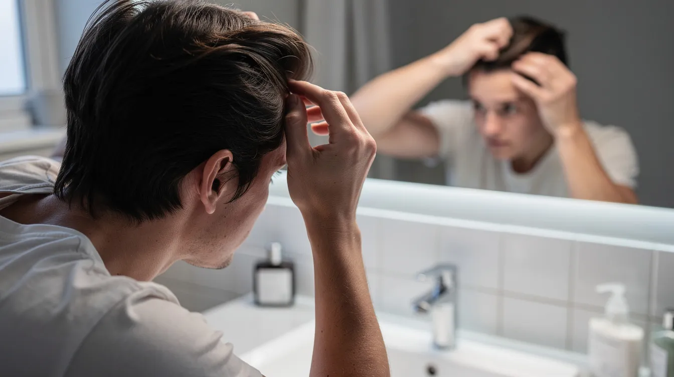 A person is gently examining their hairline in a bathroom mirror, reflecting concerns about thinning hair and possible hair loss. This moment may relate to common issues such as female pattern hair loss or excessive hair shedding, prompting thoughts about treatment options and maintaining healthy hair.