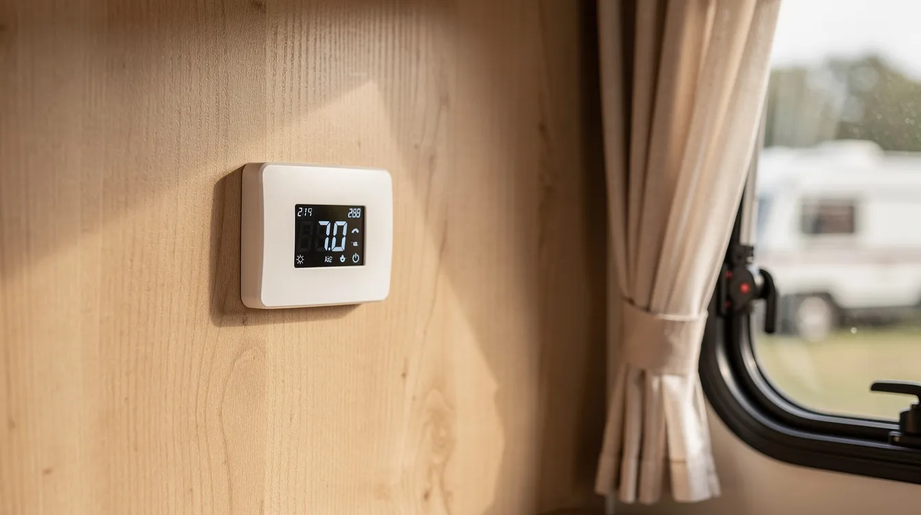 A modern small white digital RV thermostat is mounted on a light wood interior wall next to a window, displaying the temperature settings for the air conditioning and heating system. This smart RV thermostat is designed to control the temperature efficiently, ensuring comfort while traveling.