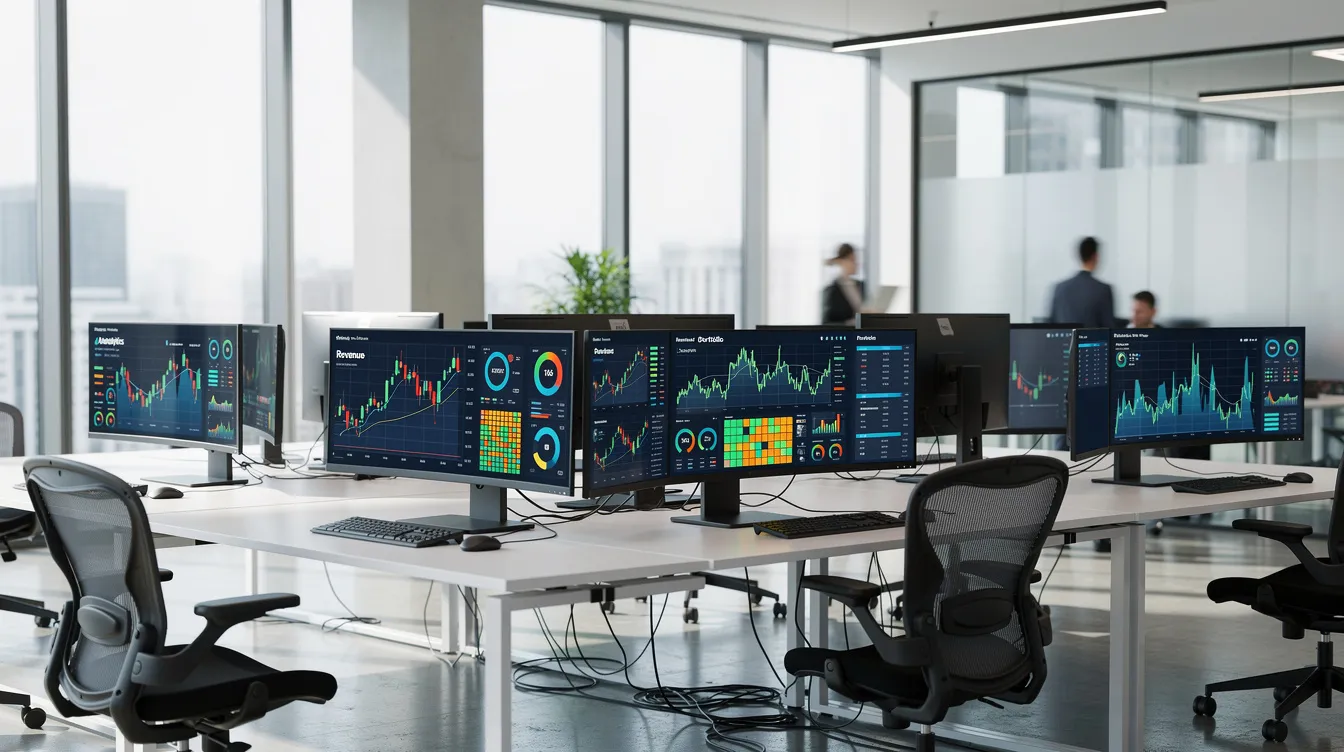 The image depicts a modern office environment featuring multiple screens that showcase colorful financial dashboards and data visualizations, highlighting key metrics and trends in financial data analytics. This setup reflects the importance of real-time data processing and actionable insights for financial services firms and finance teams in managing their financial health effectively.