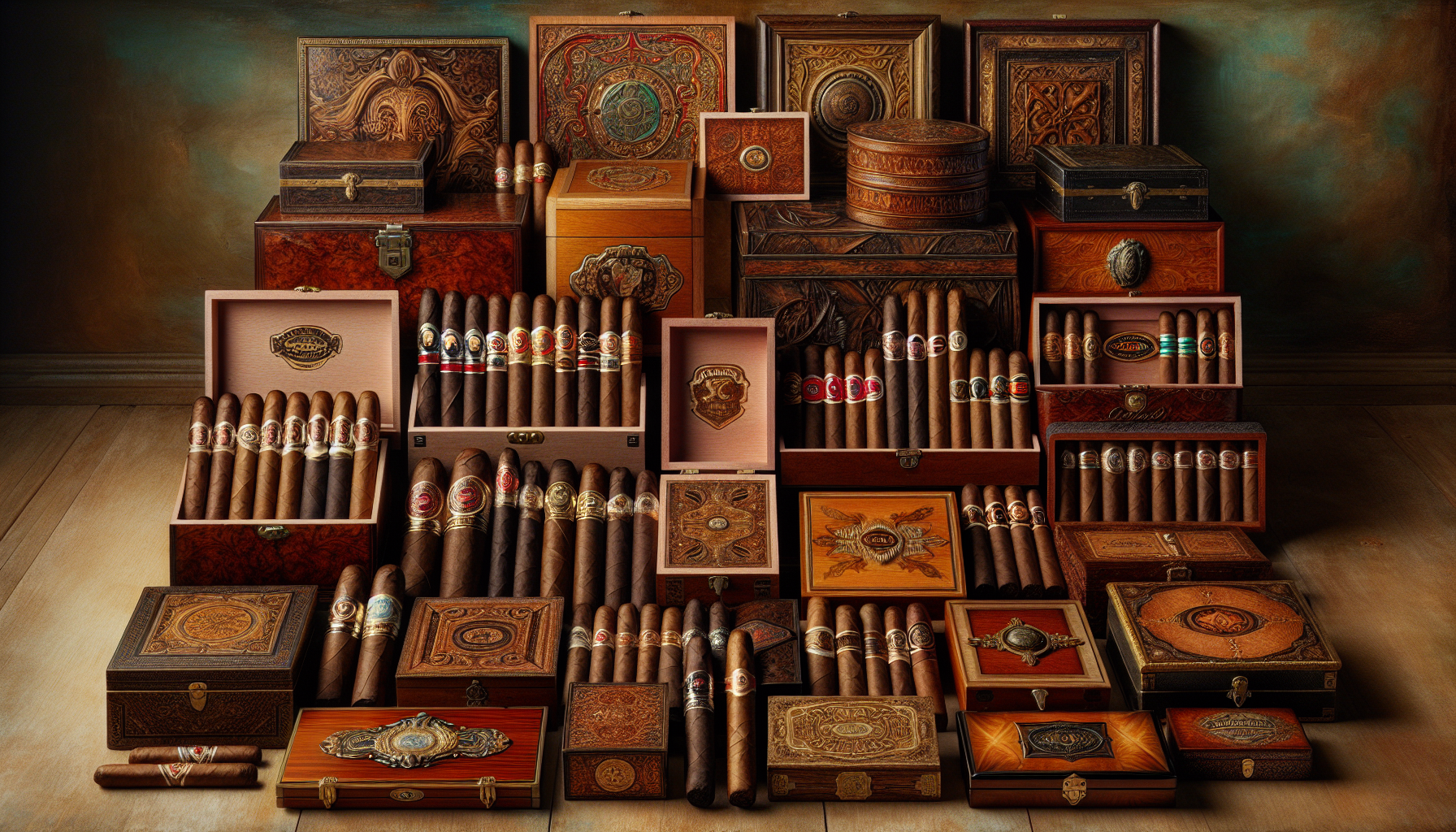 Artistic depiction of various cigar packaging designs and styles