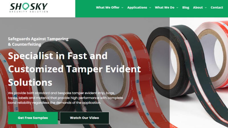SHOSKY website banner with security tape rolls and service overview