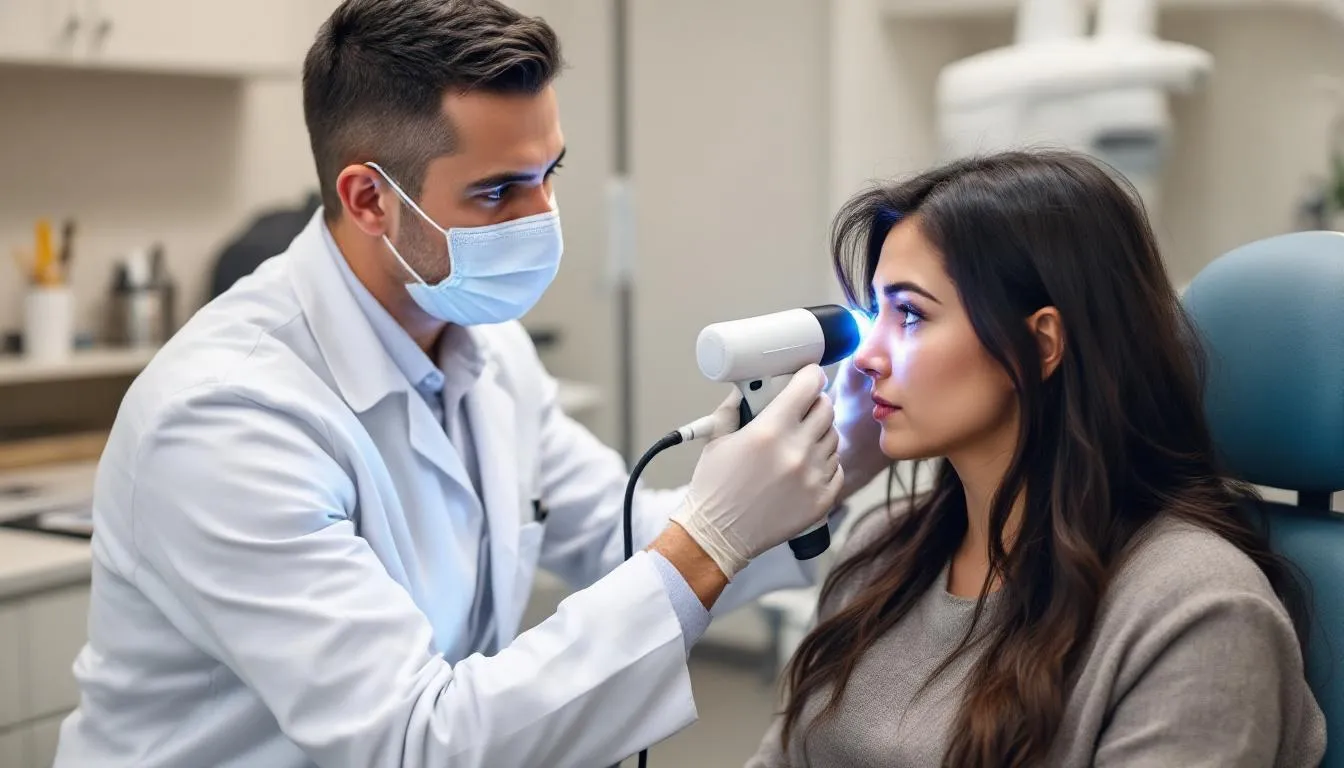 A medical professional is examining a patient's ear with an otoscope, focusing on the inner ear to assess for potential ear disorders such as hearing loss or symptoms of vertigo. This examination is crucial for diagnosing conditions like Ménière's disease and determining appropriate treatments to alleviate symptoms, including the use of medications like betahistine.