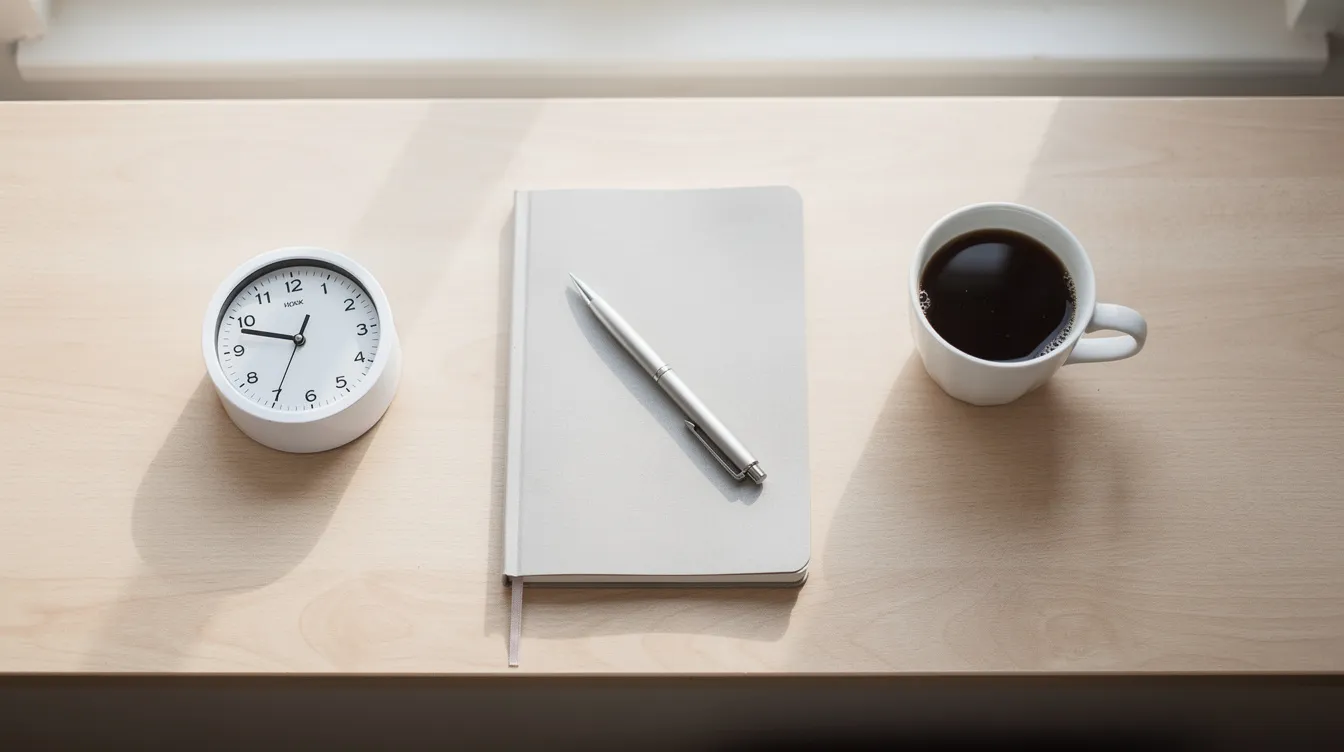 L'image montre un espace de travail organisé, avec un bureau en bois sur lequel se trouvent un minuteur, un carnet pour la prise de notes et une tasse de café, symbolisant une gestion efficace du temps et des priorités pour les managers. Cet environnement de travail met en avant l'importance de l'organisation et de la productivité dans le quotidien professionnel.