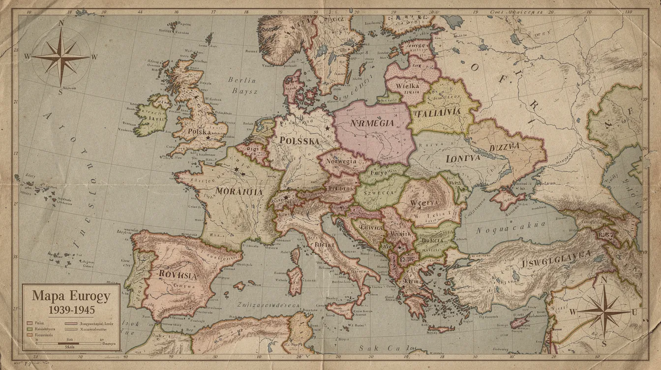 Na obrazie znajduje się stara mapa Europy z okresu II wojny światowej, z wyraźnie zaznaczonymi granicami państw z lat 1939-1945. Mapa ilustruje zmiany terytorialne i konflikty, kt&oacute;re miały miejsce podczas wojny światowej, co może być pomocne w przygotowaniach do sprawdzianu z historii w klasie 8.