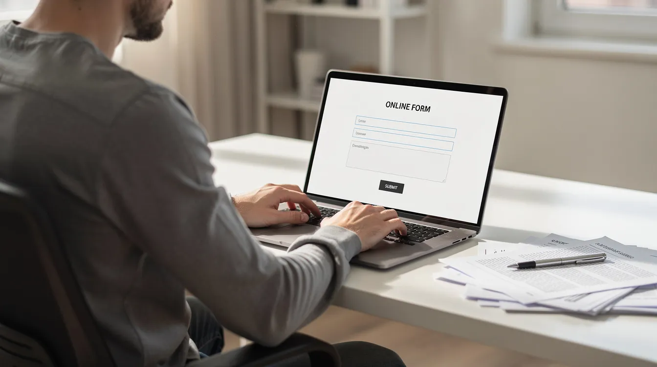 A person is seated at a laptop, diligently filling out an online visa request form, with various documents such as a valid passport and travel information beside them. This scene captures the importance of applying for a United Kingdom visa, as they prepare to submit their application for a family visit or business residency stay.