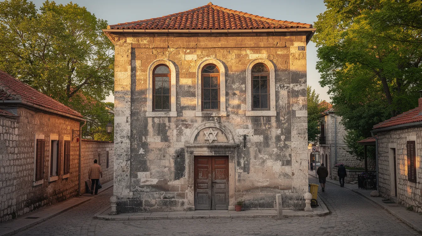 A imagem mostra uma sinagoga antiga situada em um bairro histórico de Cracóvia, cercada por árvores frondosas, que remete à rica história judaica da cidade. Este local é um importante ponto de encontro que reflete a cultura e a beleza da Polônia, além de ser parte do centro histórico que atrai muitos turistas.
