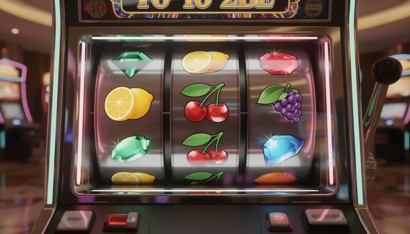 Casino Slot Machine Display Vibrant casino slot machine with fruit and gem symbols representing win potential.