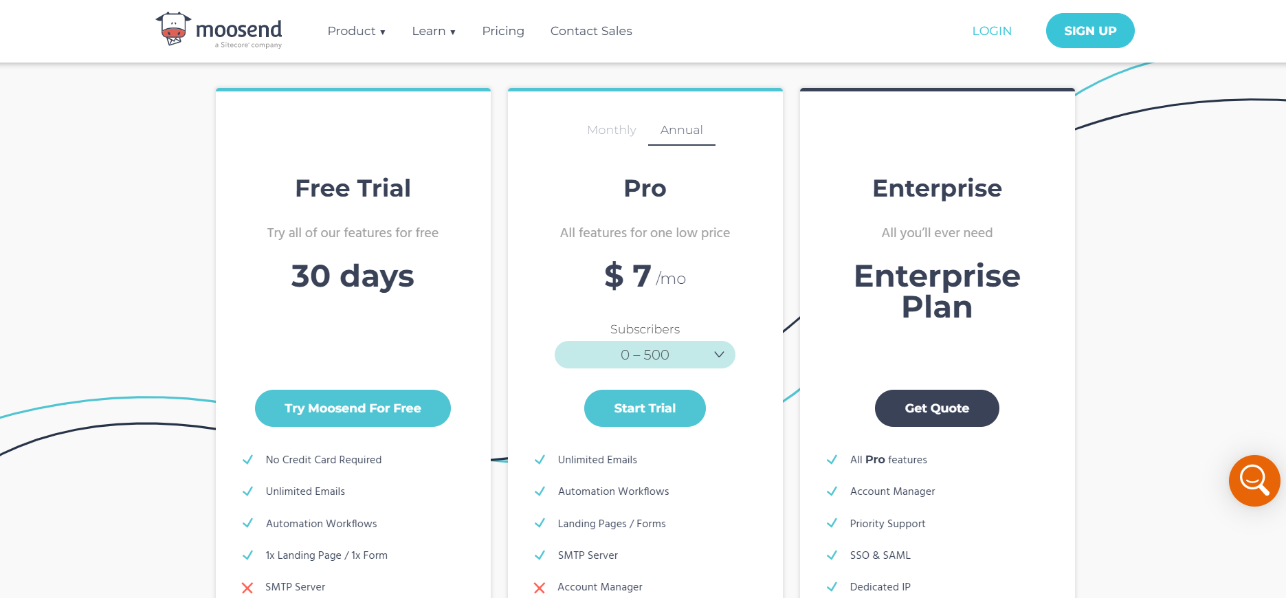 Pricing/Cost for subscribers | Free Plan and Paid Plans | Includes Customer Support | Templates and Tools for Business | Moosend Logo