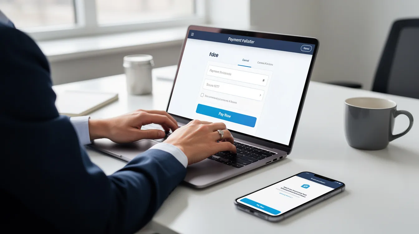 A person is sitting at a desk, using a laptop to complete an online payment, with a smartphone placed nearby. This scene illustrates the convenience of money transfer services like JazzCash, allowing users to send money directly and manage their accounts efficiently.