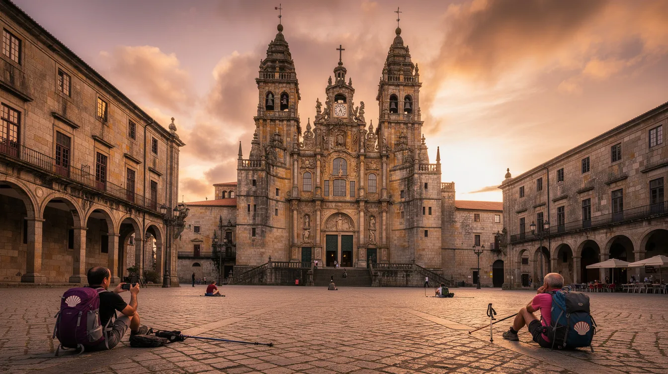 A imagem mostra uma vista panorâmica de Santiago de Compostela, destacando sua arquitetura histórica e as ruas de paralelepípedos. Ao fundo, pode-se ver a imponente catedral, um dos principais pontos turísticos da cidade, cercada por pessoas que exploram o centro histórico.