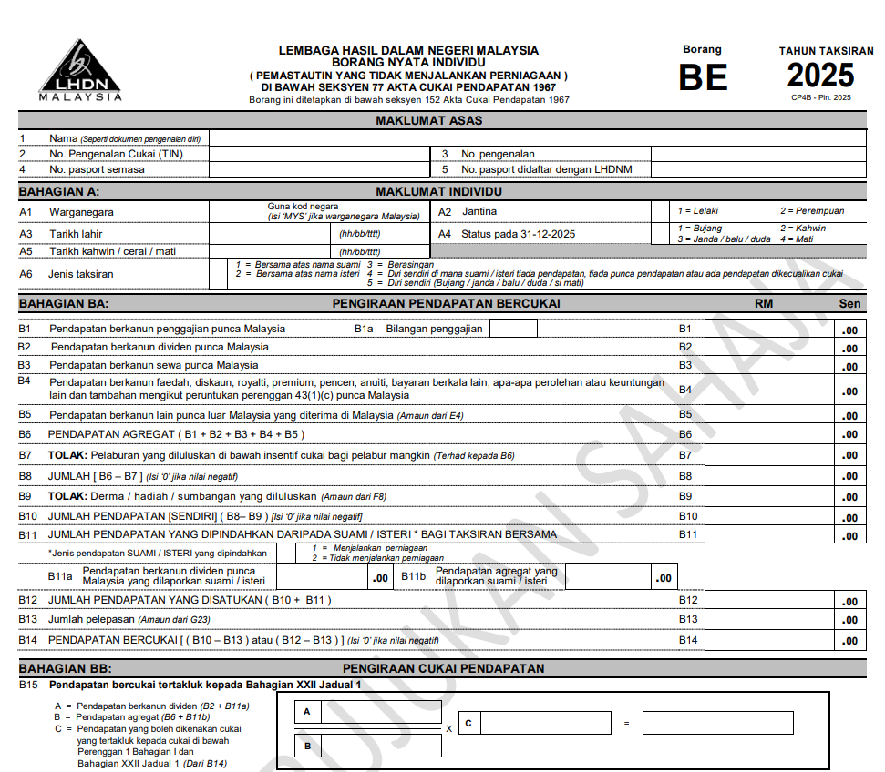 Personal Income Tax Filing Malaysia - 2025 Guide 2 Income Tax Return Form Form BE