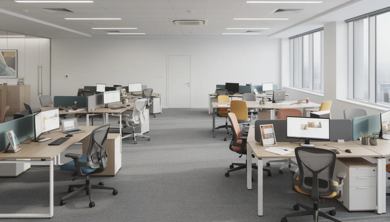The image depicts an office showroom featuring a wide range of office furniture, including various desks and ergonomic office chairs arranged for testing. The space is designed to inspire productivity and organization, showcasing stylish options for both home offices and business environments.