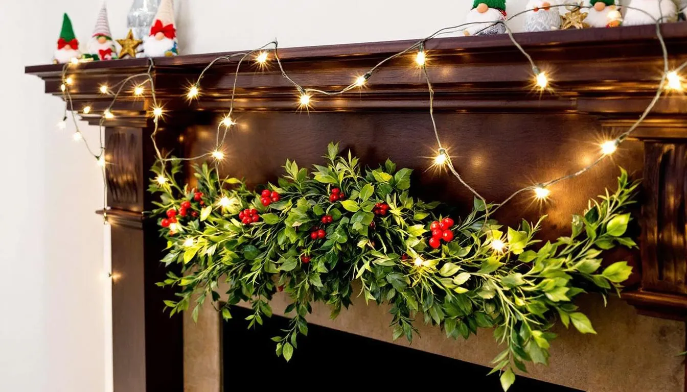 A cozy mantelpiece adorned with various sized gonks, twinkling fairy lights, and lush Christmas greenery creates a festive atmosphere, perfect for celebrating the winter solstice. The scene captures the essence of Scandinavian mythology with charming gnome-like figures, adding a touch of fun and folklore to the holiday decor.