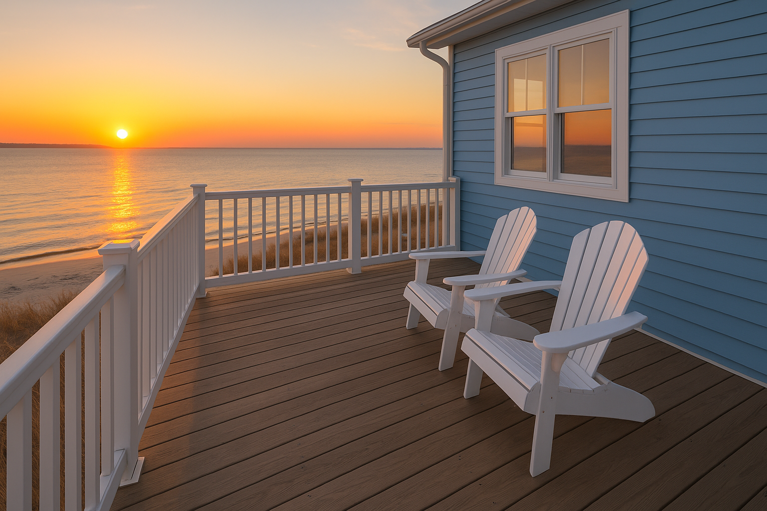 Two white Adirondack chairs on the deck of a blue beach house in North Cape May, facing a calm bay during a vibrant sunset, with golden light reflecting off the water and soft sand visible below.