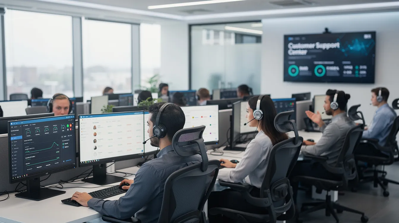 The image depicts a professional contact center where agents are wearing headsets and working diligently at their stations, each equipped with multiple monitors. This setup is ideal for managing the mass tort intake process, allowing the legal team to efficiently handle inquiries from potential clients regarding mass tort cases and ensure client satisfaction through effective communication and data management.