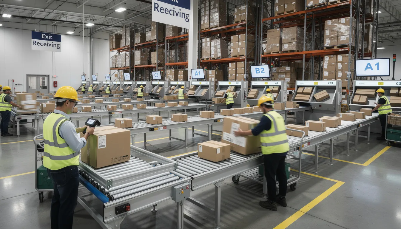 The image shows warehouse workers efficiently sorting packages on conveyor belts within a bustling logistics facility, highlighting the organized chaos of a global logistics network. This scene reflects the essential role of shipping services, such as yanwen's, in managing cross-border e-commerce and ensuring timely deliveries.