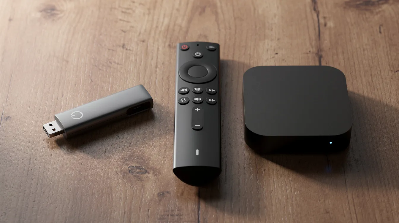 The image features a variety of streaming devices, including a remote control, a USB stick, and a compact set-top box, all neatly arranged on a wooden table. These devices are essential for accessing IPTV services and streaming content on smart TVs and Android devices.