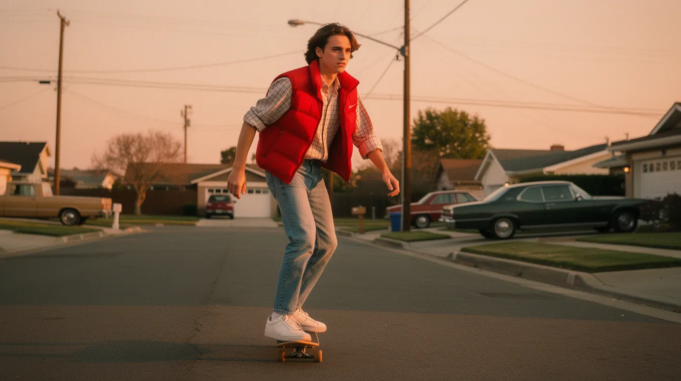 Ein junger Mann im karierten Hemd und roter Weste fährt auf einem Skateboard durch eine amerikanische Vorstadt der 1980er Jahre, die an die Kulisse von "Zurück in die Zukunft" erinnert. Die Szene vermittelt ein nostalgisches Gefühl und erinnert an die Abenteuer von Marty McFly und Doc Brown.