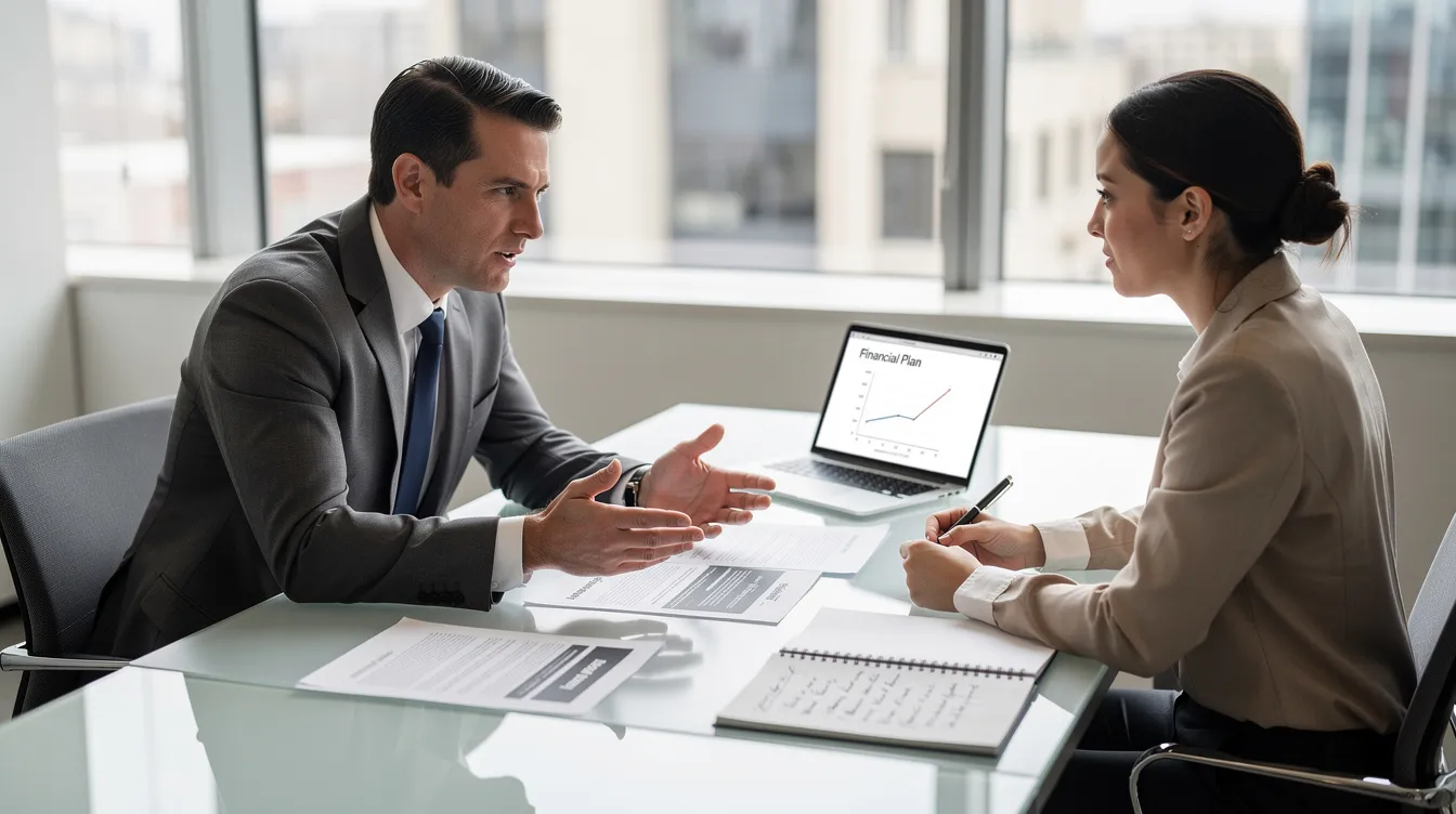 A professional advisor is seated at a modern office desk, engaging in a meeting with a client, surrounded by documents related to financial services such as loan applications and repayment plans. The setting reflects a collaborative atmosphere focused on discussing the client's financial situation and potential solutions, including options for 清 數 and other financial strategies.