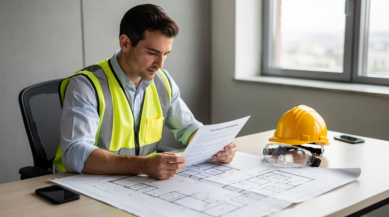 A construction project manager is seated at a desk, intently reviewing insurance documents and blueprints, with a hard hat and safety gear placed nearby. This scene highlights the essential role of effective risk management in construction, as the manager assesses potential project risks and develops strategies for risk mitigation.