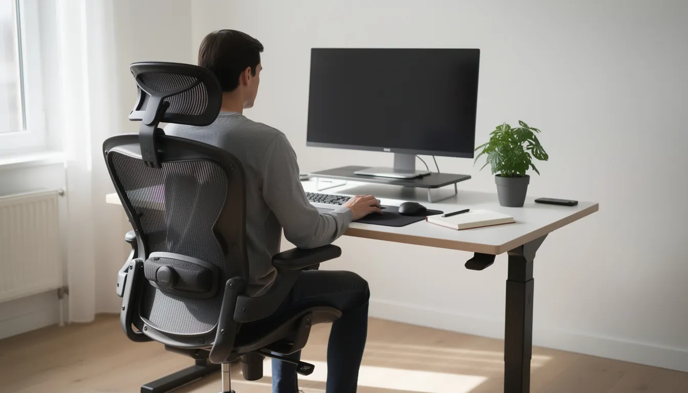 En person sitter vid ett modernt hemmakontor på en ergonomisk kontorsstol med hög rygg, som erbjuder bra stöd och justerbara armstöd. Skrivbordet är höj- och sänkbart, vilket gör det möjligt att anpassa arbetsplatsen för långa arbetsdagar och god ergonomi.