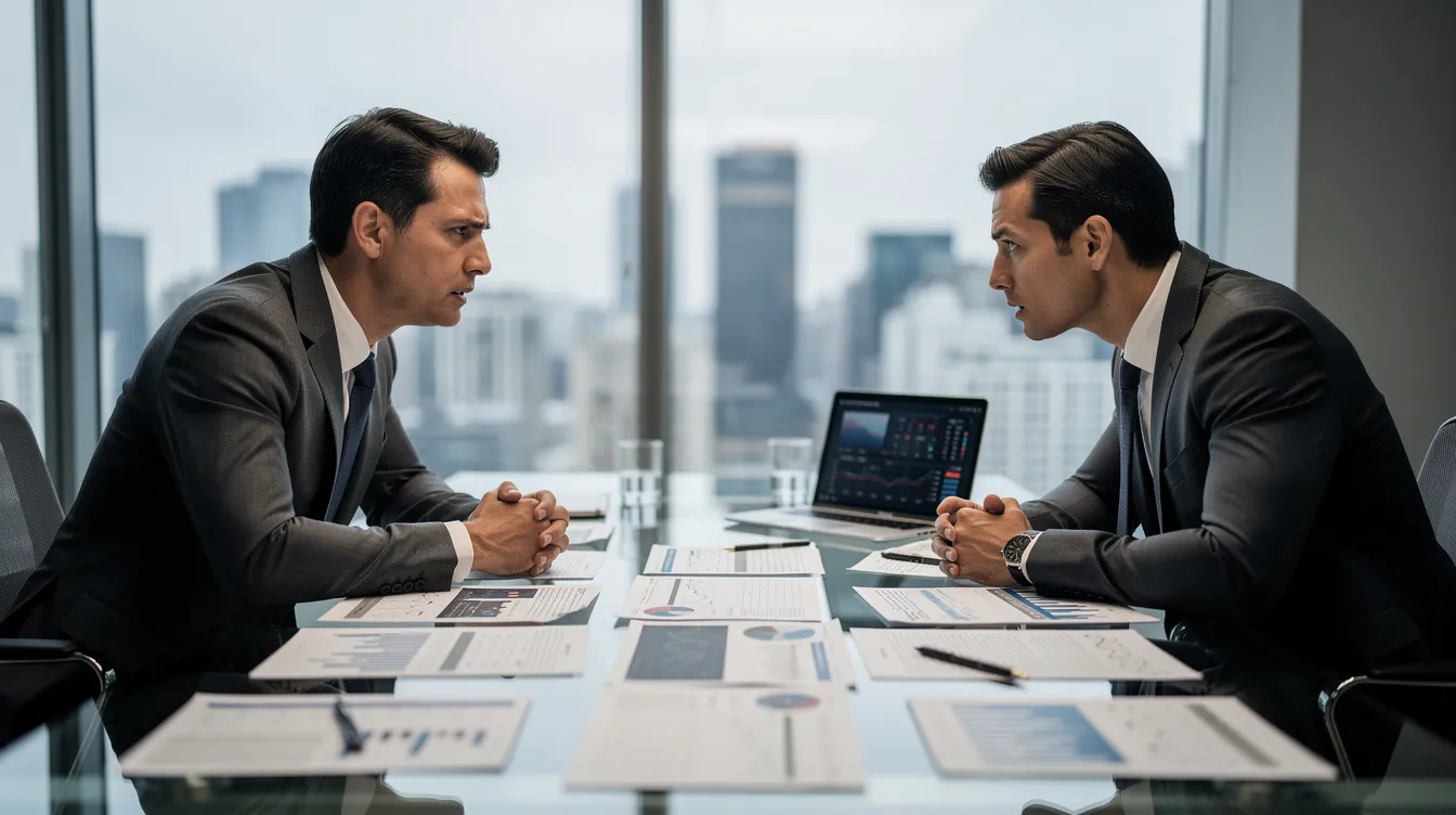 The image depicts two business professionals engaged in a tense discussion across a conference table, with various financial documents, including financial statements and operating agreements, spread out between them. This scene reflects the complexities of resolving LLC member disputes, highlighting the potential for conflicts over business operations and fiduciary duties.
