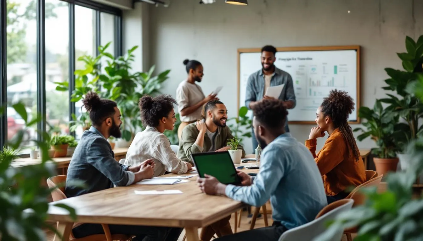 A diverse group of employees is collaborating in a modern, sustainable office environment, discussing strategies for corporate sustainability and ESG reporting. The atmosphere reflects a commitment to ethical business practices and managing climate-related risks, emphasizing the importance of environmental, social, and governance factors in their business strategy.