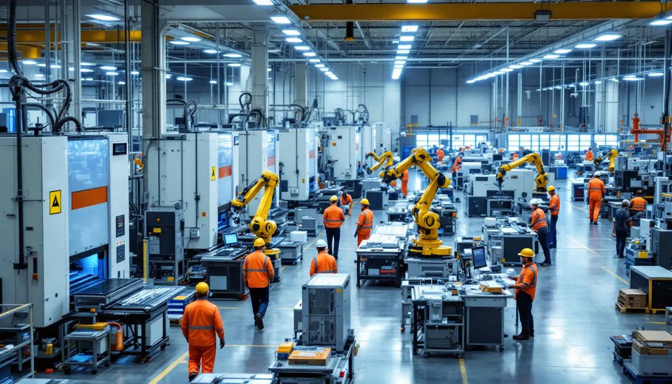In this image, a bustling manufacturing facility is depicted, showcasing various new and effective industrial equipment actively in use on the shop floor. The scene emphasizes the importance of equipment financing solutions for small businesses looking to meet their operational needs and enhance productivity.