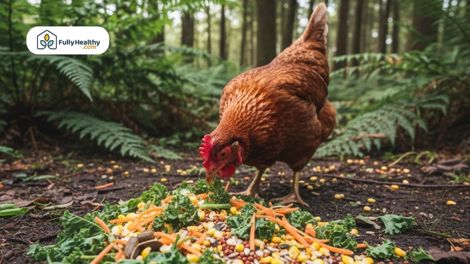 Chicken eating vegetables and grains on forest ground.