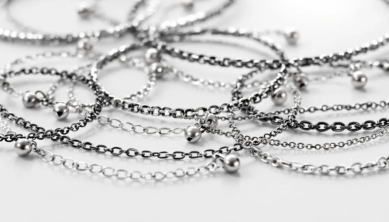 The image showcases a variety of stylish sterling silver anklets, including Belcher, Cable, and Curb chains, each designed to enhance personal style. These elegant silver ankle bracelets range from minimalist to intricate designs, perfect for any occasion and outfit.